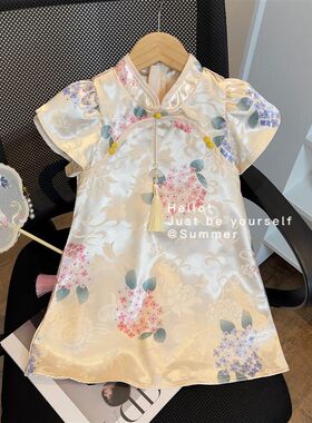 女童高级感国潮风绸缎短袖旗袍2026夏季新款女宝宝复古礼服连衣裙