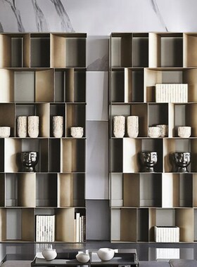 意式极简书架落地轻奢金属展示架实心钢板柜多层别墅书柜设计师款