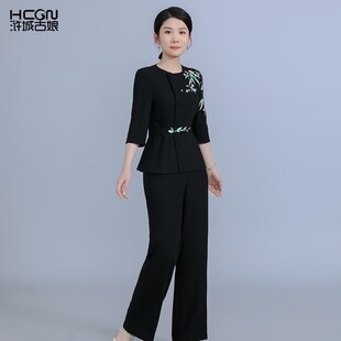 中国风夏季竹叶刺绣精致简洁干练气质收腰修身圆领女西服两件套