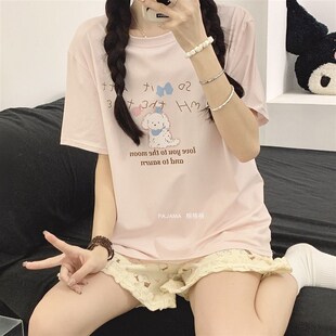 夏季睡衣女短袖短裤纯棉薄款花边蕾丝可爱卡通可外穿家居服套装