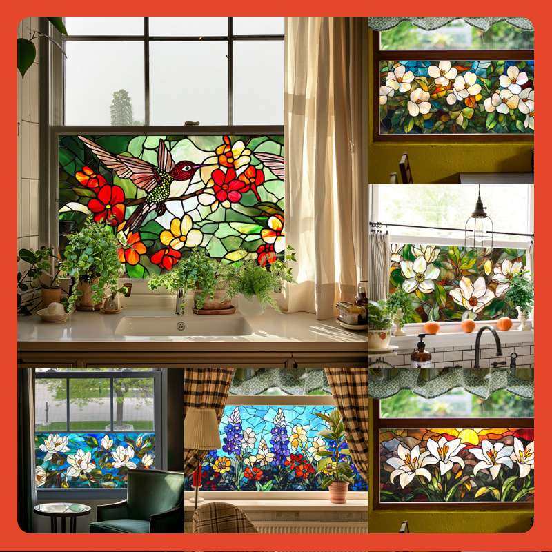 ?BL331-346彩色花朵静电玻璃贴PVC可移除窗户贴膜腰线贴玻璃窗花