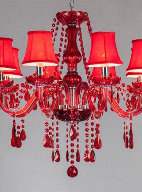 红色6色带灯吊头灯红玻璃吊罩灯蜡烛灯适合婚庆主体餐8124-6BL厅
