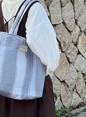 LU工作室韩系拼接方格单肩包大容量上班帆布包通勤包包秋冬女款