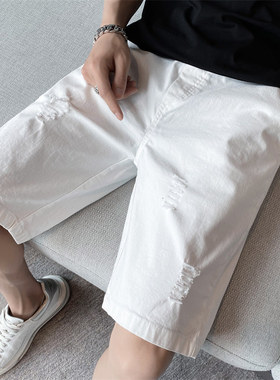 夏季破洞白色牛仔裤中裤男韩版潮流百搭休闲宽松短裤外穿大裤衩子