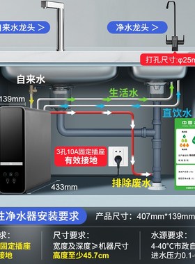 Rheem瑞美黑珍珠弱碱性水净水器00G厨下家用直饮净水机RO反渗透