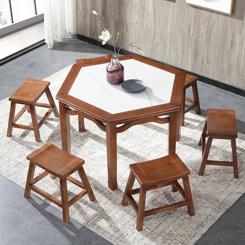 晨府实木餐桌椅组合家用现代简约中式小户型岩板多边形饭桌