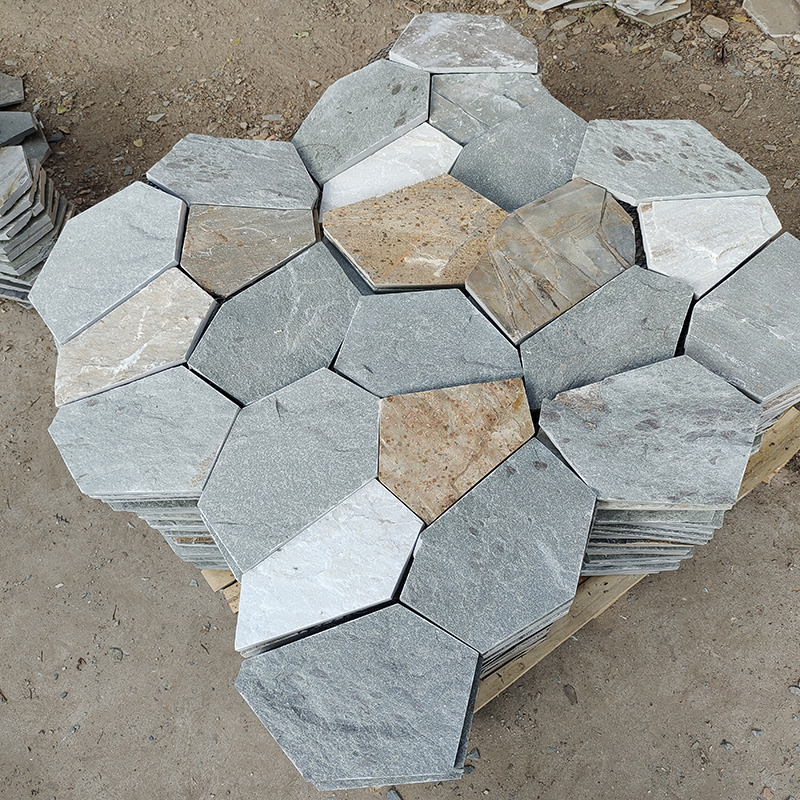 天然石材冰裂纹碎拼石板庭院莱姆石地砖文化石铺地洞石踏步青石板