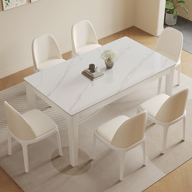 明匠轩家居简约实木长方形岩板餐桌家用奶油风饭厅客厅吃饭桌子