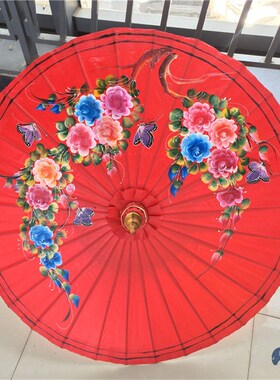 泰国油布伞 手绘仿古装饰伞 摄影舞蹈伞东南亚餐厅吊顶红色工艺伞