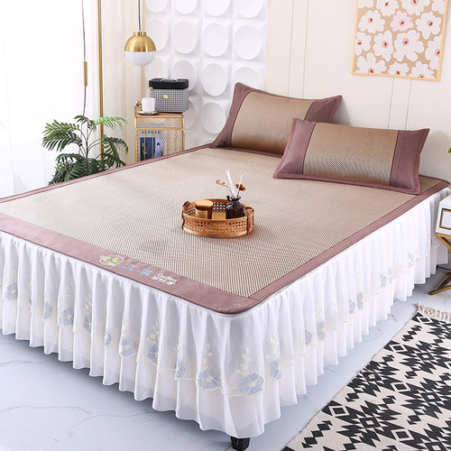 夏季高档艾草冰藤席凉席三件套床裙款可拆卸蕾丝花边床罩空调软席