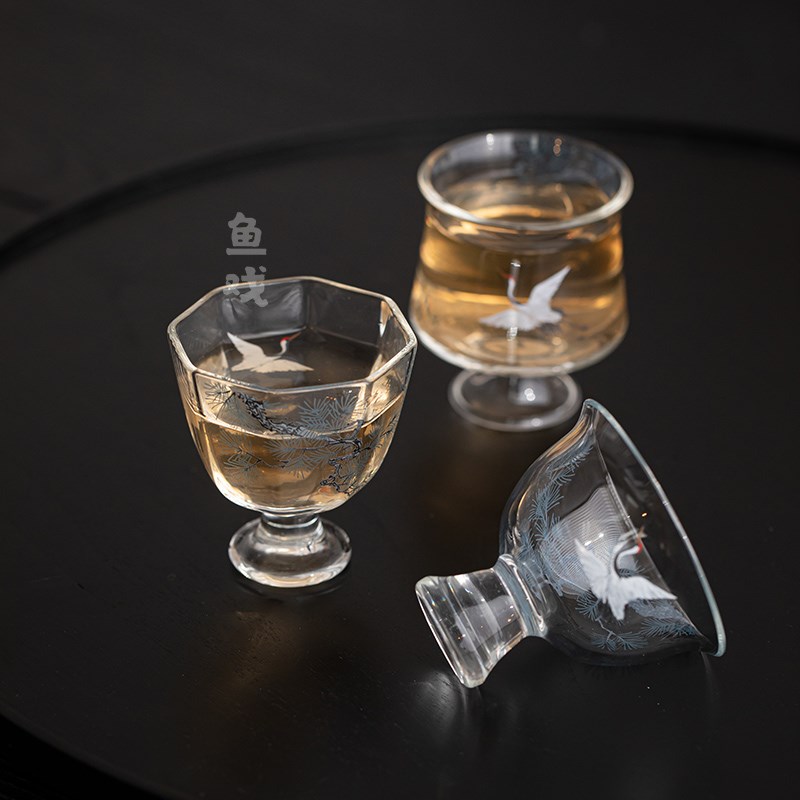 鱼戏松鹤耐热玻璃高足功夫茶杯中式家用主人杯闻香品茗杯个人单杯