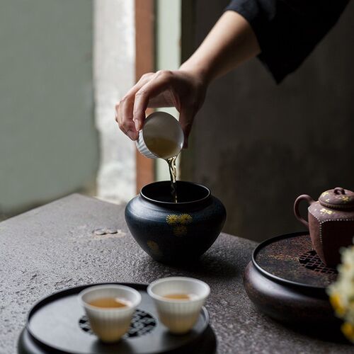 叶屿高档老铁漆建水茶渣缸家用茶具桌面水盂废水缸大容量洗杯
