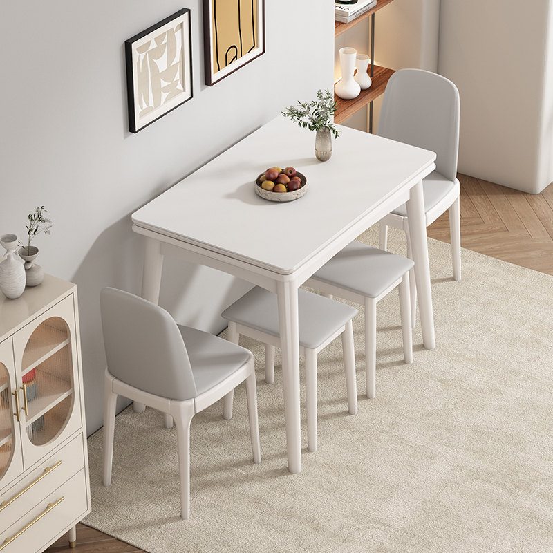 岩板折叠餐桌家用小户型奶油风现代简约伸缩实木餐桌椅桌子