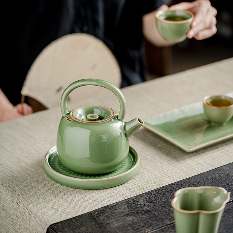 青瓷提梁壶复古大容量家用单壶泡茶壶陶瓷茶具温茶壶泡茶壶蜡烛台