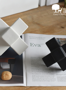 现代简约十字几何多面体黑色白色陶瓷摆件样板间桌面茶几软装饰品