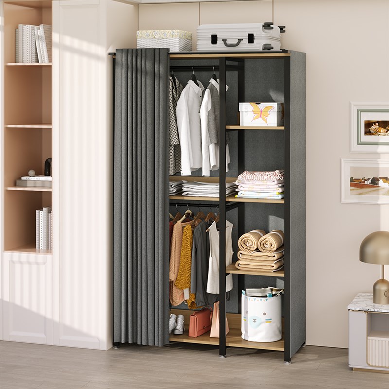简易衣柜家用卧室布衣柜出租房用防尘布帘组装现代钢木架结实耐用