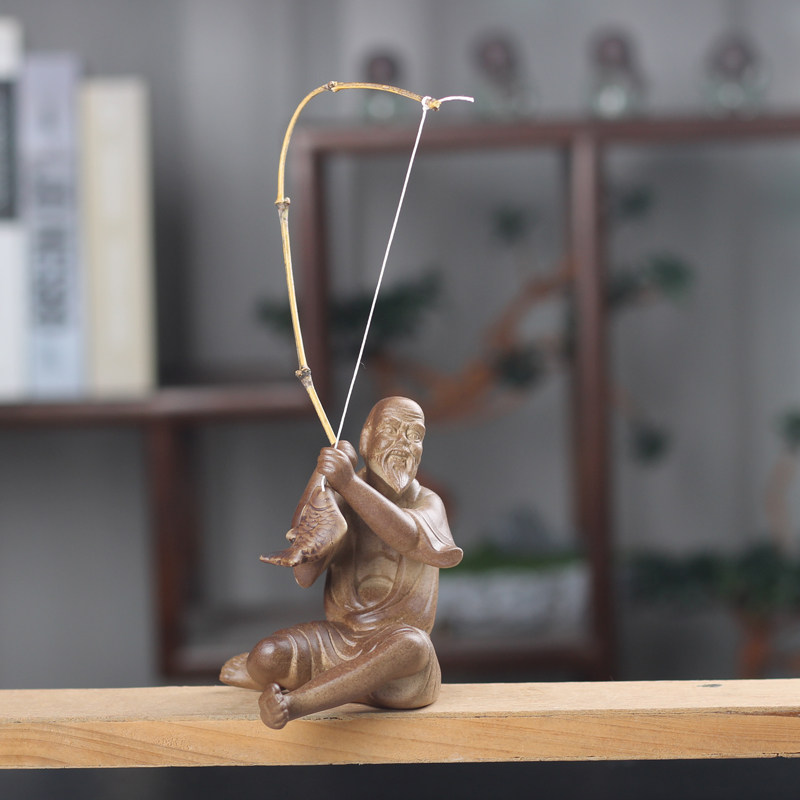 中式陶瓷鱼翁摆件假山木雕造景鱼缸水沉玄关水景桌面家居工艺装饰