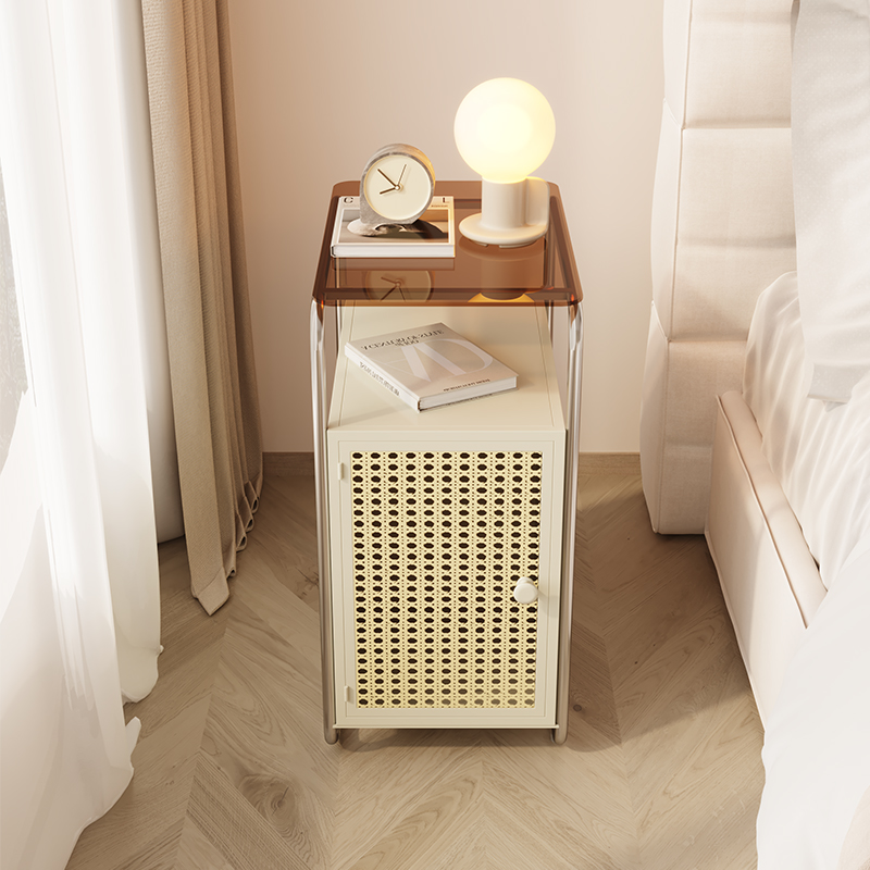YNSO法式奶油风30公分窄边小床头柜简约现代卧室铁艺床边窄柜