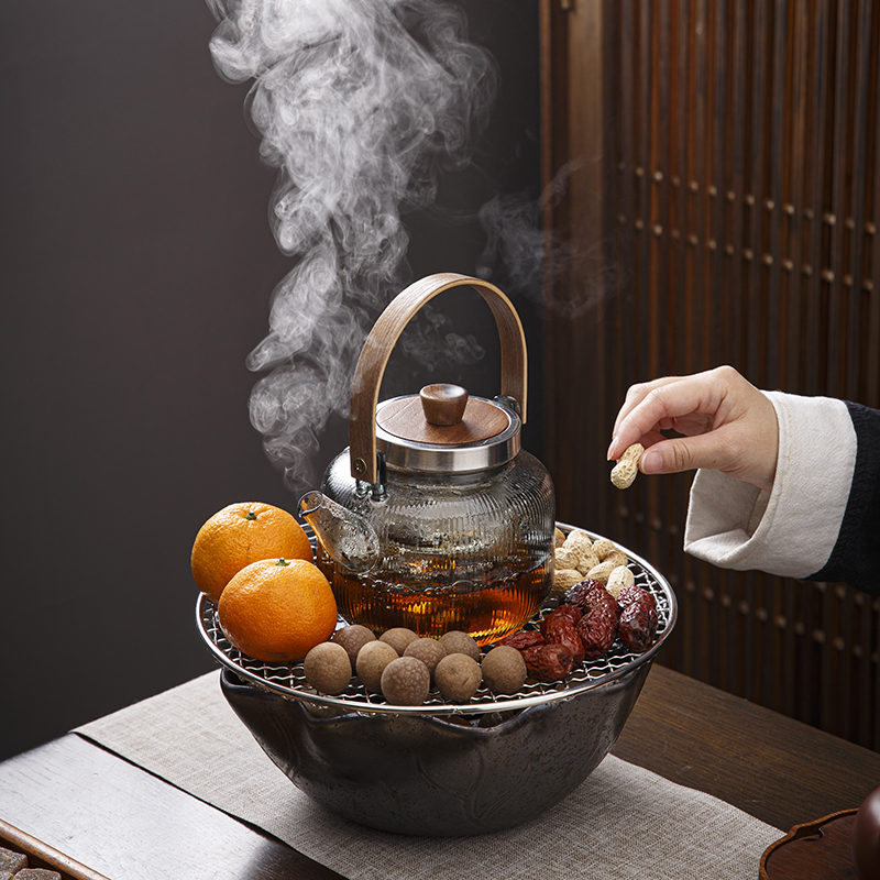 围炉煮茶烤火炉套装家用室内耐热玻璃煮茶壶全套黑晶炉奶茶罐整套