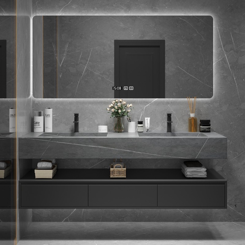 现代简约岩板一体盆智能浴室柜卫生间实木洗手洗漱台洗脸盆