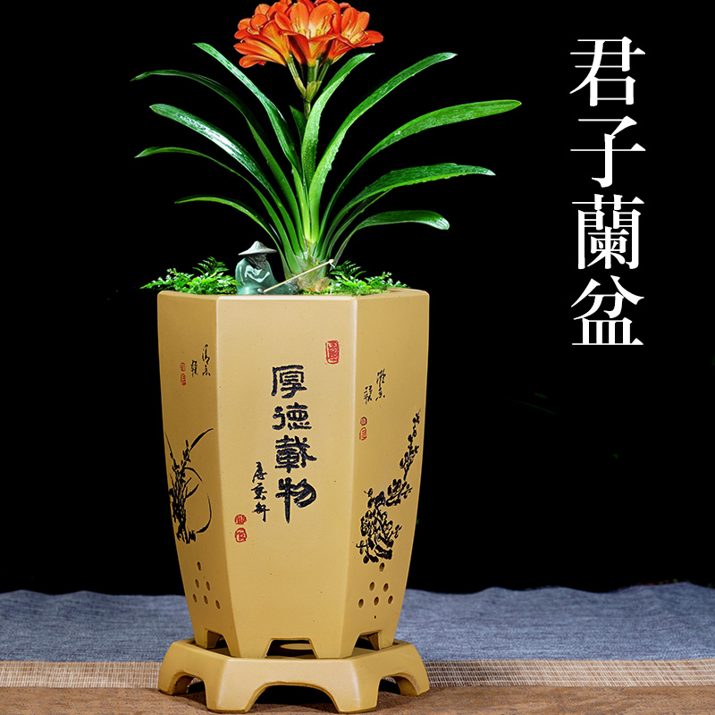 宜兴紫砂花盆吊兰花盆带底座大号六方手工绿萝盆景盆古典陶瓷透气