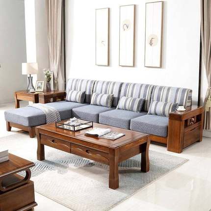 胡发桃木全实木沙家具现代客小户转角贵妃PHP厅茶几组合实型木风