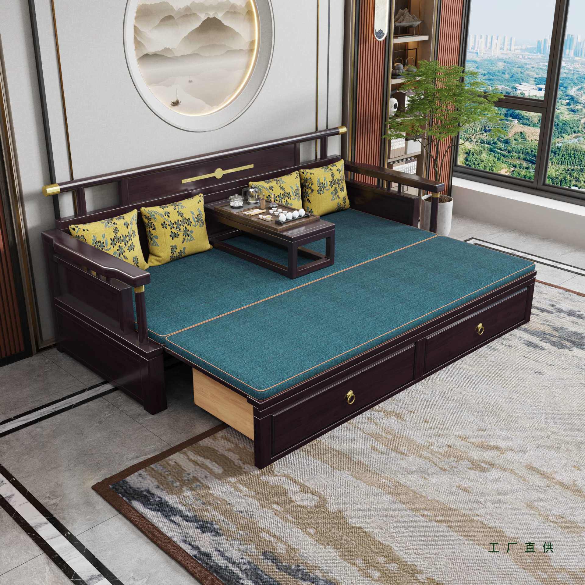 新中式全实木罗汉床客厅小户型禅意推拉沙发床两用客厅纯实木家具