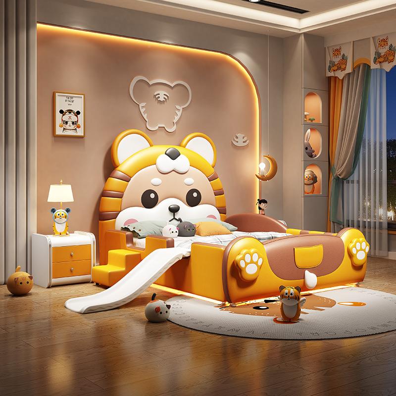 NRIGIFK068#儿1童床男孩孩带护栏卡通老虎床儿小床童实木家具青少