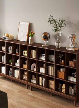 全实木书胡桃木色架格子柜架置物储AWB落地客厅矮柜子物一体靠墙