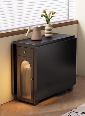 黑色复古家全实木型折叠可餐UQQ桌用现代轻奢长方形伸缩隐形小户