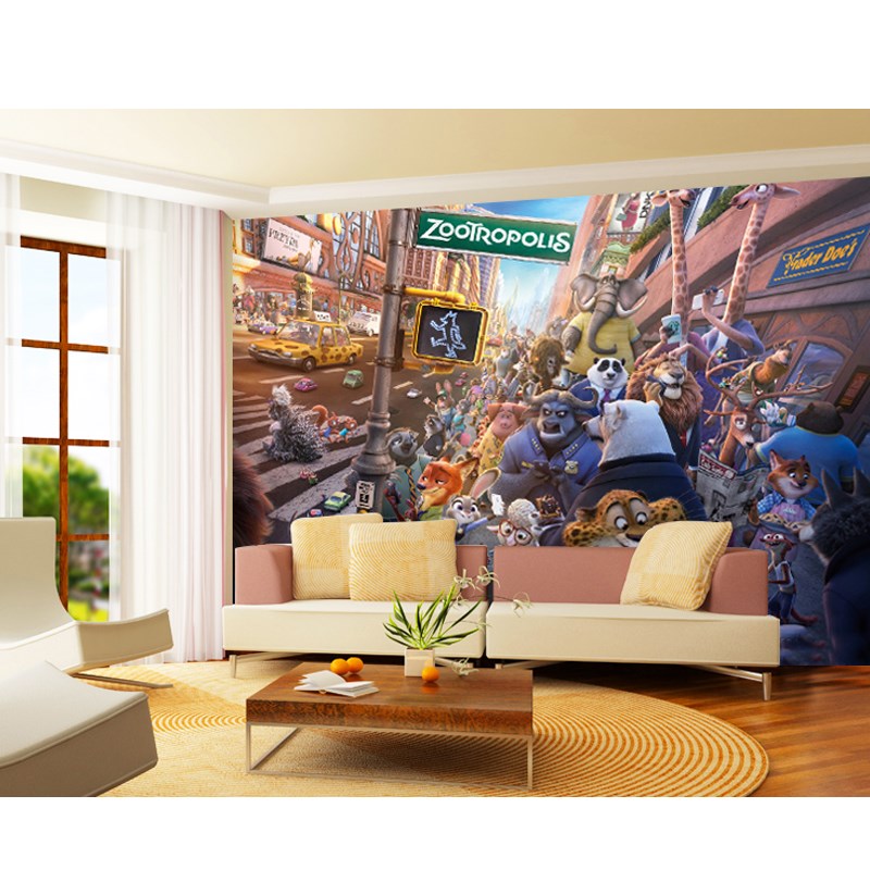 3D儿童房卡通壁纸电影主题壁纸疯狂动物城沙发卧室背景墙桌游壁画