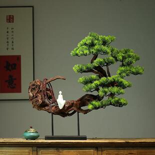 天然实木树根迎客松茶室书房玄关桌摆件中式酒店枯木逢春餐厅装饰