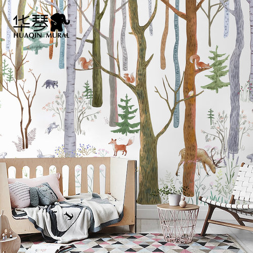 卡通森林动物男孩女孩儿童房卧室墙纸壁纸环保无缝墙布壁布壁画