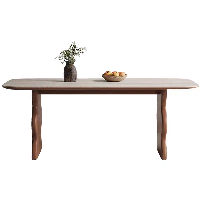 法式洞石岩板餐桌家用小户型胡桃木色饭桌 长方形实木餐桌椅