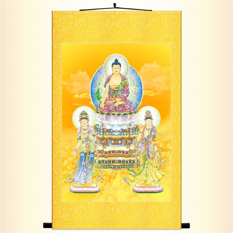 药师佛琉璃光如来画像挂画 东方三圣月光日光菩萨 佛堂水陆画卷轴