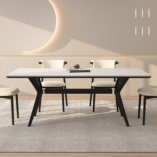 德利丰实木岩板餐桌家用小户型侘寂中古风长方形高端全托黑色饭桌