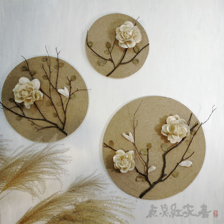 牡丹花麻绳圆形手工装饰画东南亚壁饰