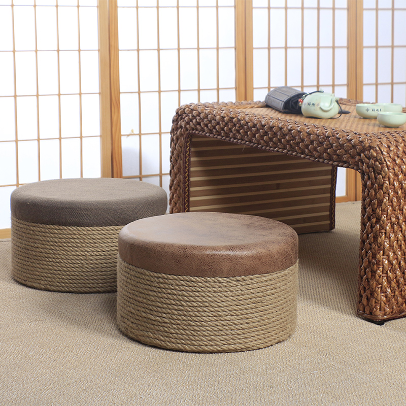 矮凳换鞋凳圆凳沙发茶几板凳家用仿古中式脚踏凳麻绳蒲团墩子