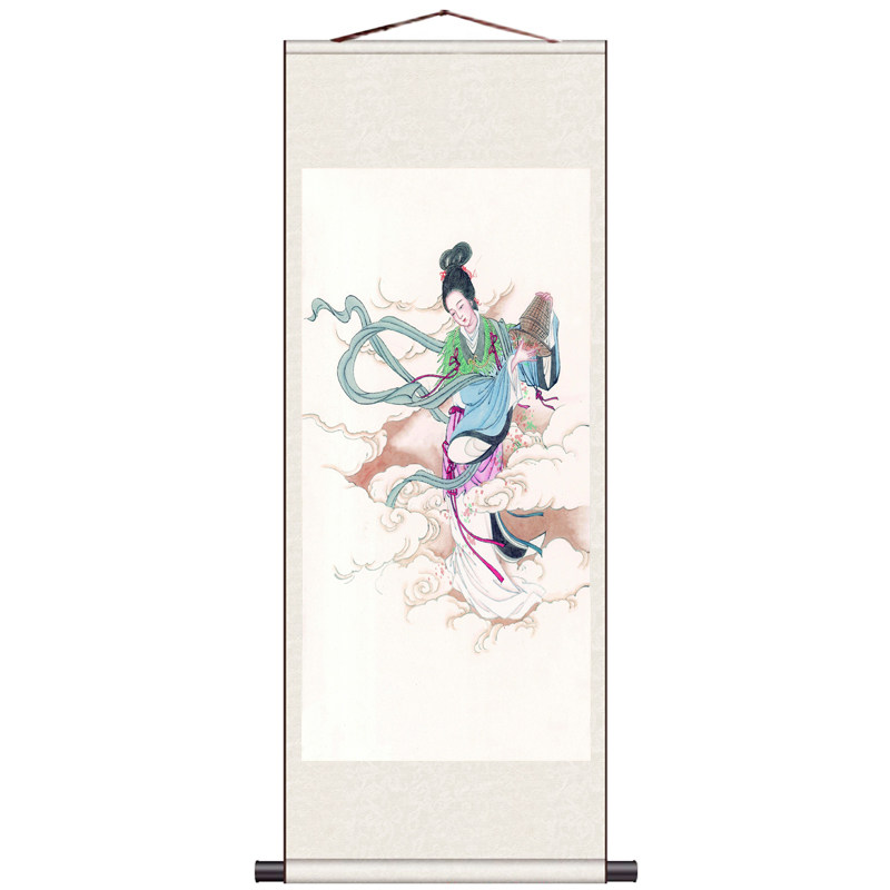 敦煌飞天仕女图丝绸挂画卷轴画茶楼装饰画中式卷轴梅花仕女图定制