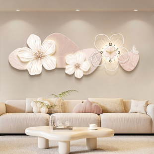 奶油风客厅装饰画创意花卉沙发背景墙挂画高级感带钟表卧室壁画灯