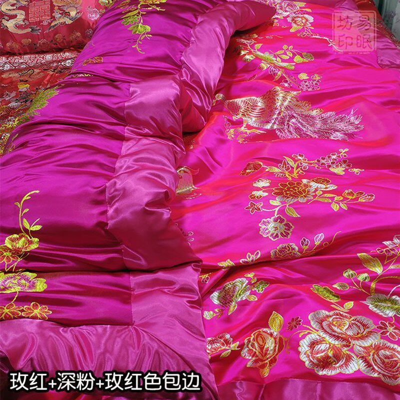 双面绸缎老式被子 手工喜被结婚龙凤被 古风丝绸棉被包边