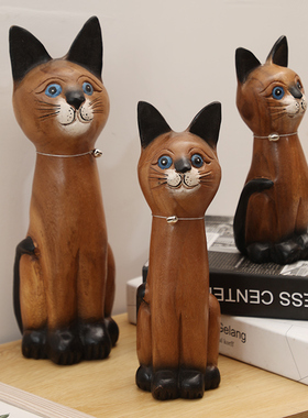 异丽泰国实木工艺品创意猫咪摆件客厅电视柜暹罗猫家居桌面装饰品