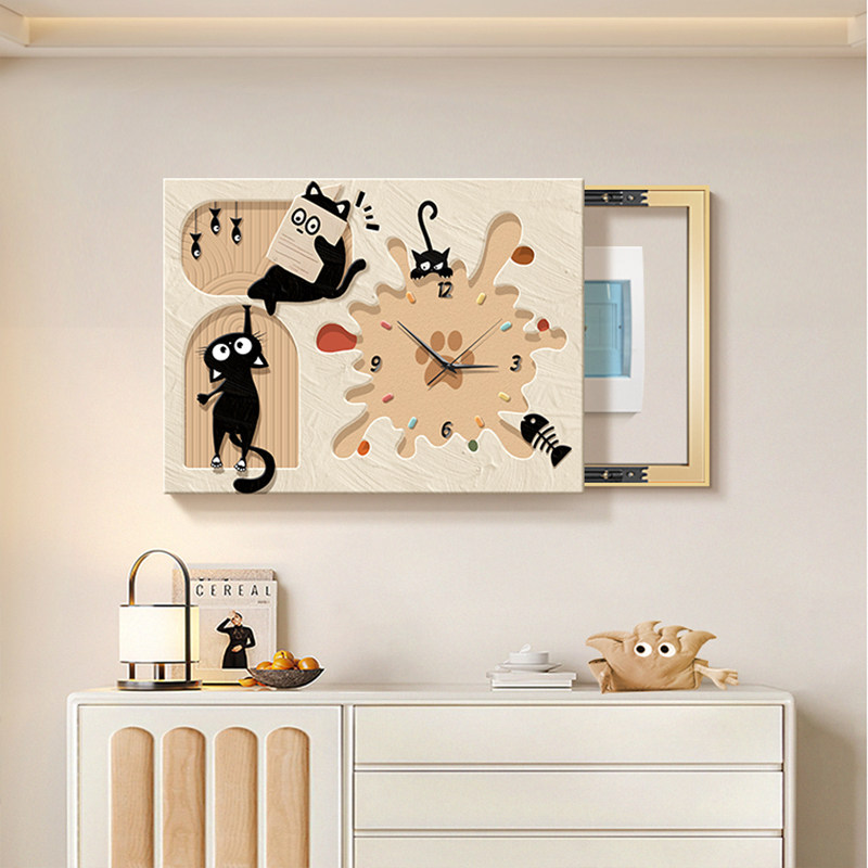 2024新款猫咪钟表电表箱装饰画奶油风时钟挂画多巴胺配电箱遮挡画