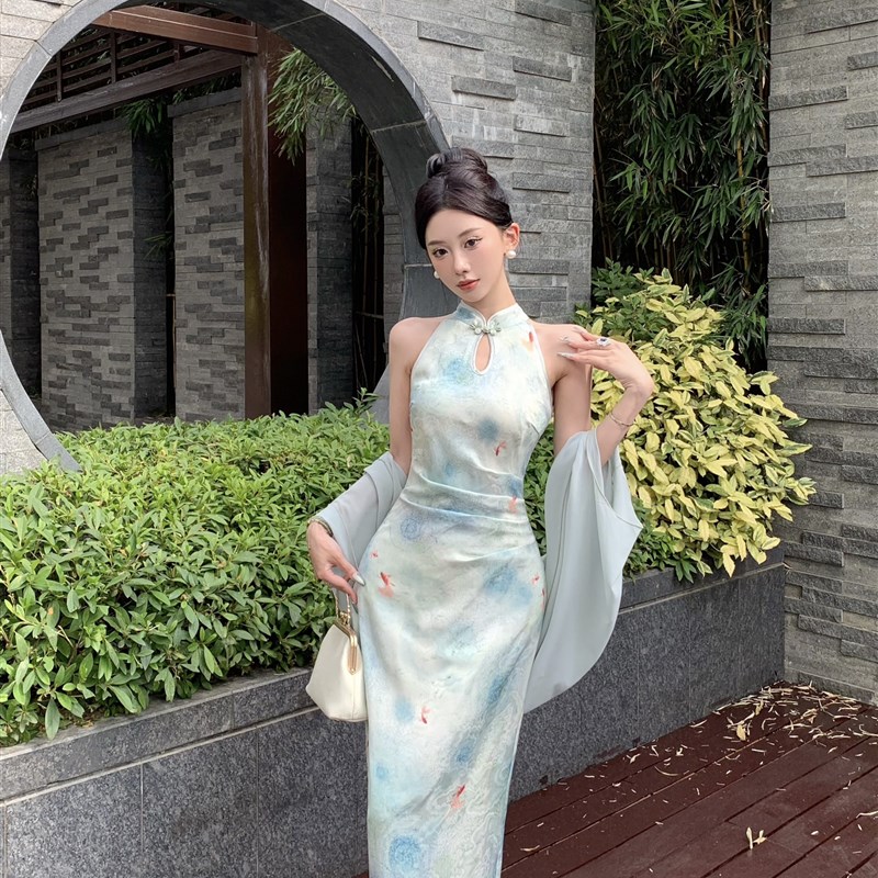 新中式复古国风挂脖绿色旗袍女2024夏收腰显瘦防晒开衫上衣两件套