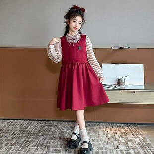 女童连衣裙春秋2025新款洋气女大童学院风裙子套装儿童衬衣背带裙