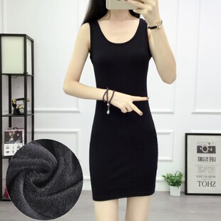 秋冬新款加绒加厚中长款吊带背心裙保暖打底衫女冬包臀裙内搭衬裙