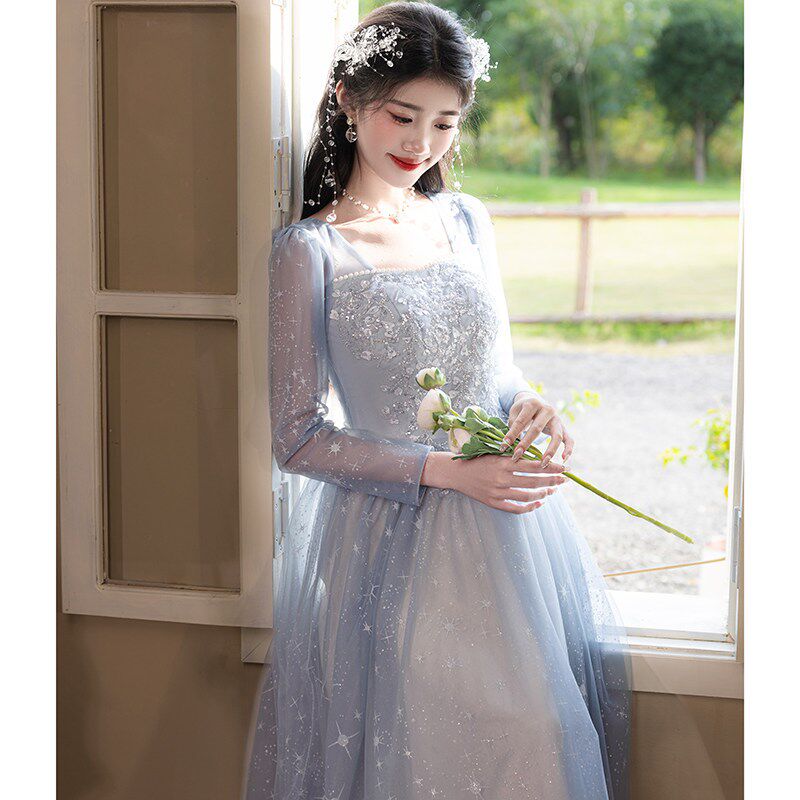 晚礼服女高级感宴会气质主持人轻奢小众高端钢琴演出裙浅蓝色长袖