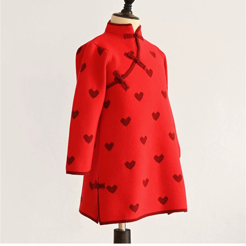 女童红色旗袍新年款秋冬宝宝儿童装棉线桃心毛衣裙子生日礼服双层