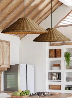 日式侘寂风餐厅民宿艺术装饰吊灯复古禅意茶室设计师创意藤编灯具