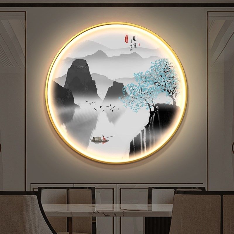 餐厅壁画感应发光带灯挂画新中式玄关装饰画江南山水客厅入户网红